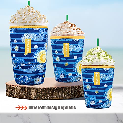 Image of Reusable Iced Coffee Insulator Sleeve for Cold Beverages and Neoprene Cold Coffee Cup Sleeves Cooler Cover 16-32OZ for Coffee Cups, McDonalds, Dunkin Donuts, More (Art print blue)