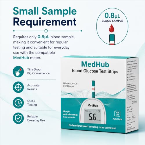Image of Glucometer Test Strips, 50 Count | Compatible with MedHub Glucometer Only | Easy to Use, Small Blood Sample Needed, Fast Reading Support | Green
