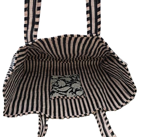 Image of Cotton Tiger Block Print Tote Bag, Indian Handmade Shopping Shoulder Bag, Unisex Market Daily Use
