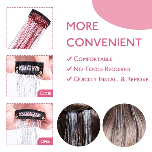 Image of WENNALIFE Hair Tinsel Clip In for Girls Red, 6pcs 24 inch Clips Tinsel Hair Extensions Clip in Colorful Glitter Clips Sparkle Fairy Hair Accessories for Kids