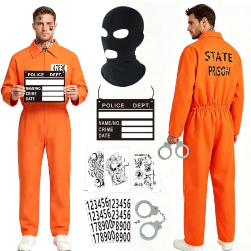 LGZIN Costume de Prisonnier Adulte, Déguisement de Prisonnier Homme avec Accessoires, Convict Costume, Tenue Prisonnie-r Orange, Orange Prisoner Overall pour Halloween, Carnaval, Cosplay, Fête -XL