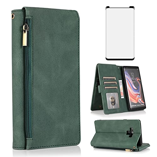 Image of Asuwish Compatible with Samsung Galaxy Note 9 Wallet Case Tempered Glass Screen Protector Zipper Leather Flip Cover Card Holder Stand Cell for Galaxies Note9 Gaxaly Glaxay Not S9 Women Men Green