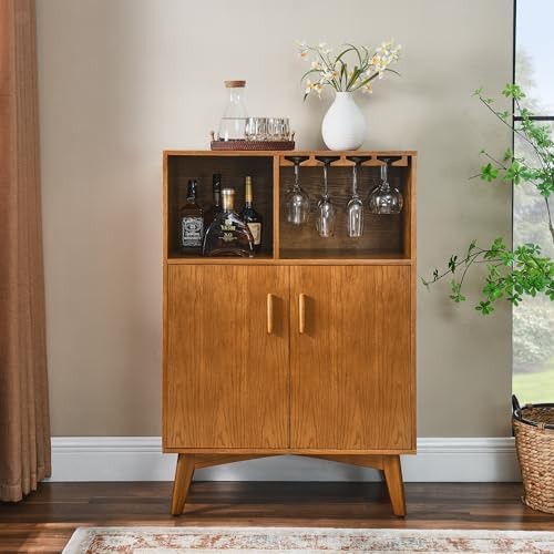 Mid-Century Modern Liquor Cabinet with Wine Glass Holder, 31.5" W...
