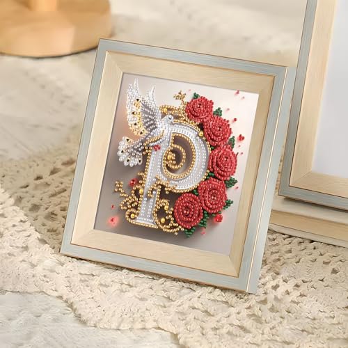 Image of AiYuanzsh 5D Diamond Art Kits for Adults Letter P, Petal-Themed Rose & Dove Floral Special Shape Diamond Painting Kit, DIY Crystal Rhinestones Diamond Art for Adults Craft Wall Display 17x17cm