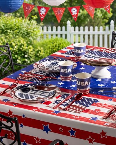 Goodluck 4th of July Party Supplies, Patriotic Disposable Paper Plates Cups Napkins Tablecloth Banner Serves 50 Guests, Red White Blue Party Supplies for Independence Day BBQ Picnic Decorations — view 4