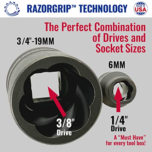 Rocketsocket | 18 Piece Bolt Lug Nut Extractor Socket Tool Set | ¼ In. And ⅜ In. Drive | Razorgrip Technology Extract Damaged Frozen Rusted Rounded-Off Bolts Nuts & Screws | Made In Usa Steel #TOP5