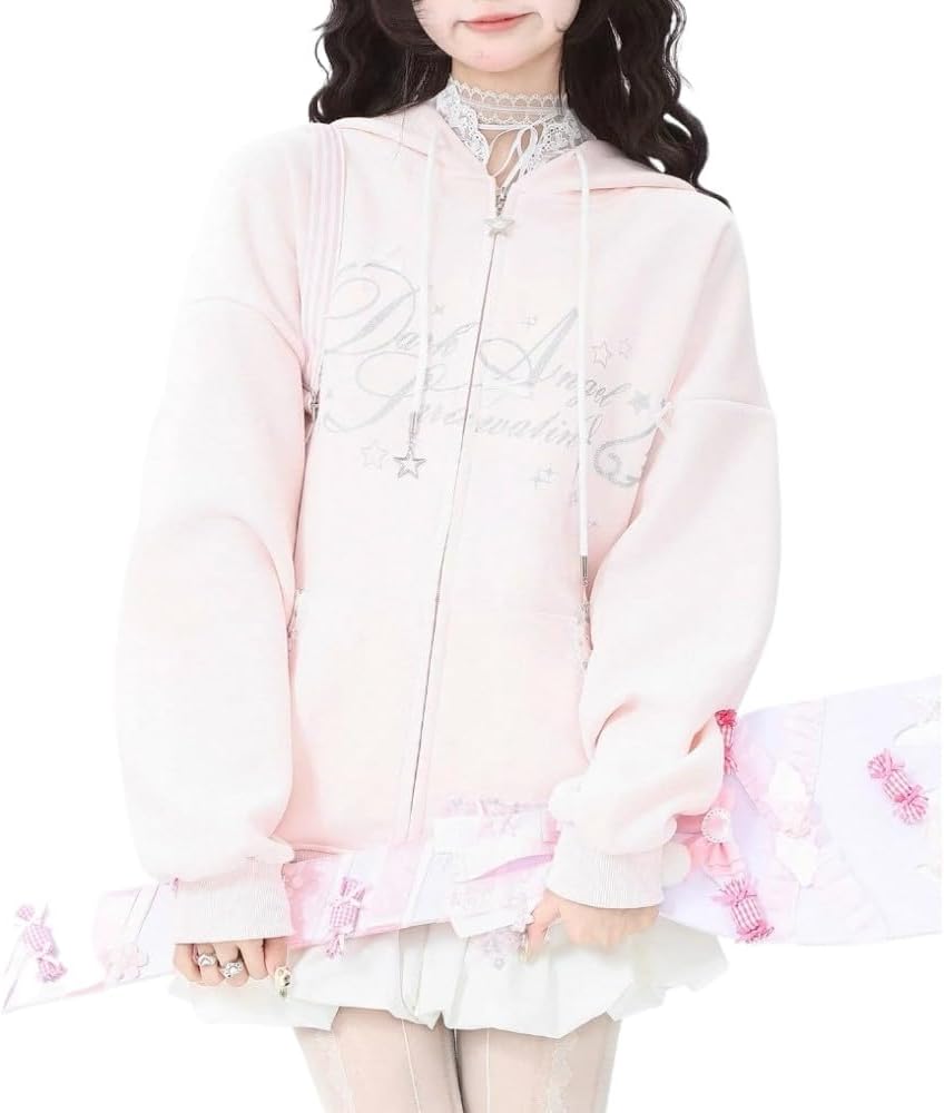 Kawaii Y2K Zip Up Hoodie Bows Women's Lace Trim Hooded Sweatshirt Oversized Cute Pu...