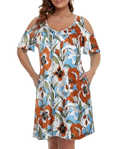 Image of JollieLovin Womens Plus Size Short Sleeve Cold Shoulder V Neck T-Shirt Dress with Pockets