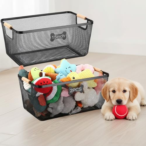 Otoolling 2 Pack 15.3 Inch Dog Toy Basket Metal Basket with Wooden Handles for Dog Toys Storage Bins Dogs Stuff Organization & Storage for Blankets & Dogs Collar