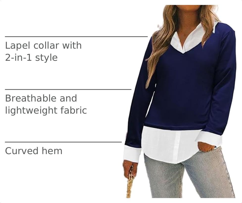 Image of Oyamiki Women's Casual Collared Curved Hem 2 in 1 Pullover Tops Plaid Contrast Shirt Blouse