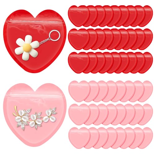 Verichy 100PCS Heart-shaped Resealable Bags, Pink and Red Adhesive Seal Pouches Cute Packaging Bags for Jewelry Candy Party Favors Small Business Gifts