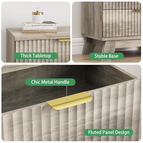 Image of Xixini Fluted Dresser for Bedroom with 3 Drawers, 24 inch Wide Modern Chest of Drawers with Metal Handle, Wooden Dresser TV Stand, Wood Closet Clothes Storage Organizer for Living Room, Hallway, Grey