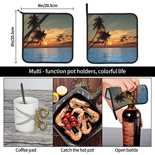 Potholders, Sunset Coconut Palm Tree On Beach Blue Ocean Baking Pot Holder For Cooking Bbq, 2-Piece Set #TOP7