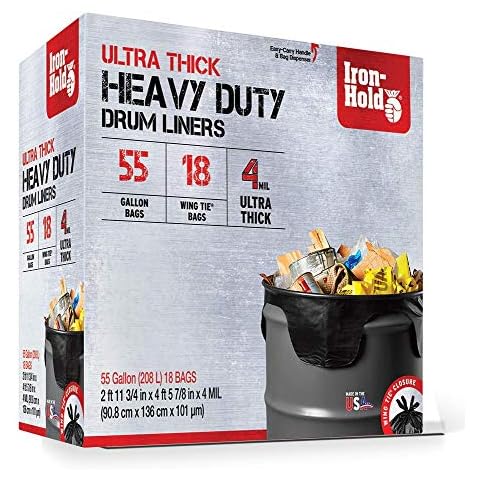 Iron-Hold - 55 Gallon Trash Bags, 4 Mil Contractor Bags - Wing Tie, 18ct - Heavy Duty, Industrial, Construction Bags, Black (Pack of 18) Cover