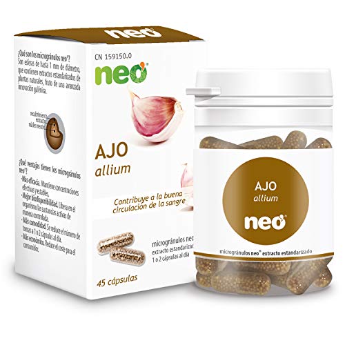 NEO | Fitogranulos de Ajo 45 Cápsulas Naturales | Extracto de Bulbo de Ajo 100 mg | Para Ayudara a Purificar la Sangre | Libre de Alérgenos y GMO | Tomar de 1 a 2 Cápsulas a Día | Liberación Rápida