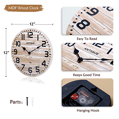 Nikky Home Farmhouse Wooden Wall Clock - 12 Inch Battery Operated Silent Non Ticking Vintage Rustic Distressed Wood Clock Home Decor For Kitchen, Living Room, Bedroom, Office (Brown) #TOP4
