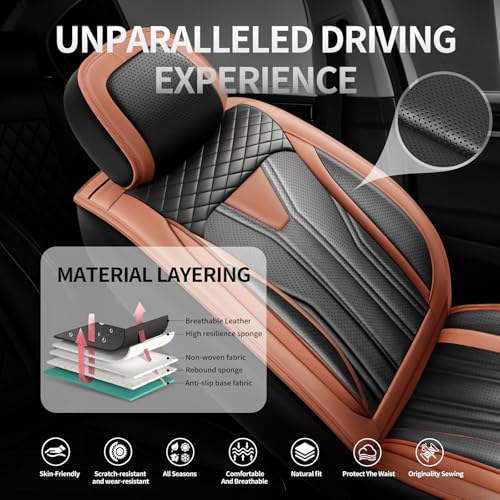 Image of Car Seat Covers Compatible with Chevy Equinox 2011-2026, Premium Leather Breathable, Wear Resistant, Airbag Compatible, All-Weather Protection & Full Coverage, 2 Front Seat Brown&Black
