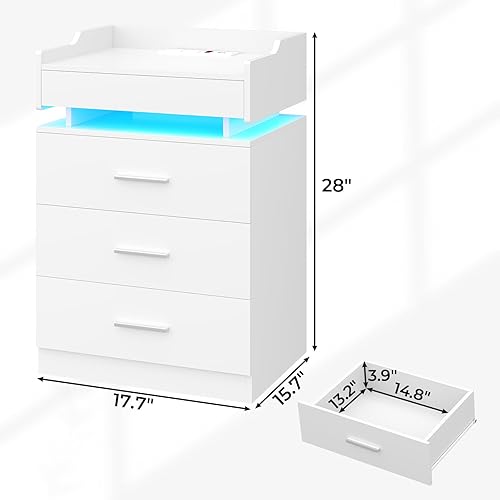 Miniatura 2 de Juego de 2 mesitas de noche LED, mesita de noche grande con estación de carga, mesita de noche con estante extraíble y 3 cajones, mesa auxiliar