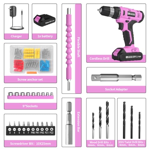 Image of FADAKWALT Cordless Drill Set, 20V Electric Power Drill with Battery And Charger, Torque 30N, 21+1 Torque Setting, 3 /8-Inch Keyless Chuck, Driver Bits Kit, with LED Electric Drill Set. （Pink)