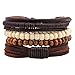 MJARTORIA PU Leather Hemp Cords Wooden Beaded Multi Strands Adjustable Wrap Bracelets Set of 4 (Brown)