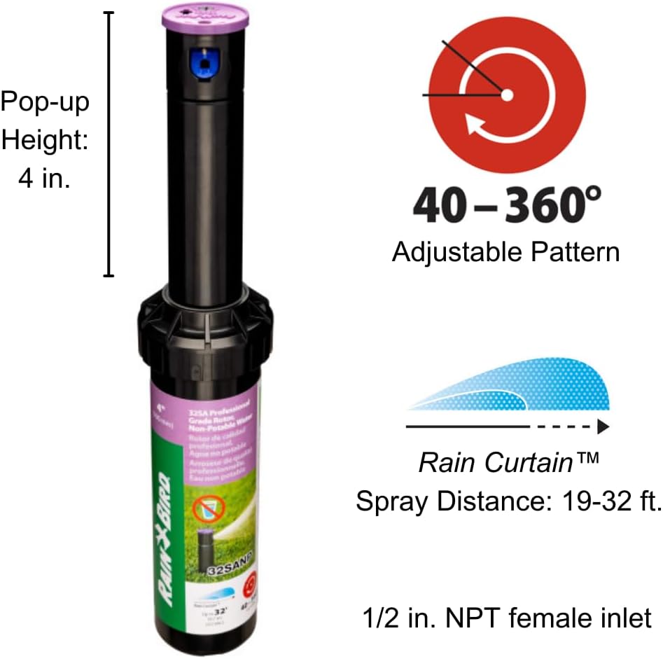 Rain Bird 32SANP Simple Adjust Non-Potable Water Gear Drive Rotor, 40° - 360° Pattern, 19' - 32' Spray Distance, Purple Cap