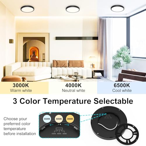 libtit 6Pack 7 inch Flush Mount Ceiling Light - 15W 1500Lm Surface Mount LED Light Fixture,3000k/4000k/6500k Color Selectable, Black Thin Flat Round LED Lamp for Bathroom Kitchen Laundry by libtit - Used condition - Image 2