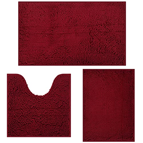 Bathroom Rugs Sets 3 Piece Chenille Bath Rug Non-Slip Bath Mats with Soft Plush PVC Backing Water Absorbent Carpet 1'' Quick Dry Microfiber Toilet Mat, Dark Red Dark Red 3 piece