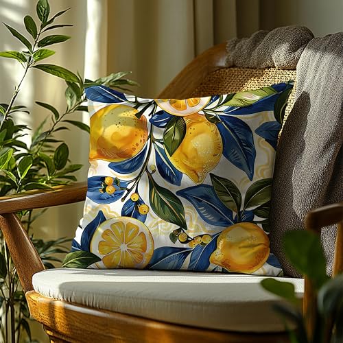 Image of Boho Summer Lemon Pillow Cover 18x18 Double-Sided,Italian Lemon Home Decor,Cottagecore Blue and Yellow Fruit Botanical Decorative Lumber Throw Pillow Cover for Home Bedroom Living Room