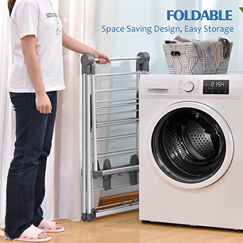 Toolf Clothes Drying Rack, Aluminum Foldable 2-Level Drying Racks For Laundry, Large Foldable Laundry Stand With Height-Adjustable Gullwings, Sock Clips Hooks For Bed Linen, Clothing, Socks, Scarves #TOP2