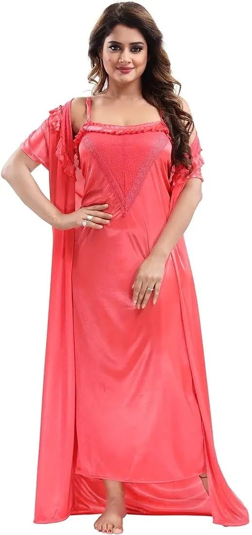Conighty - Women's Satin 2pcs Nighty Robe Set U-Neck Sleeveless Ankle Length Maxi Nightwear Sexy Nighty Lace II Attractive & Stylish Night Wear