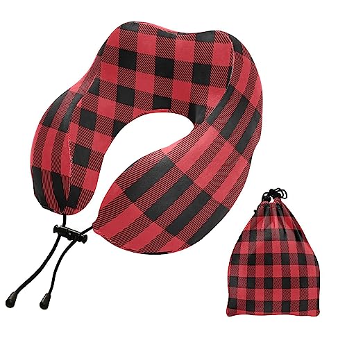 Eionryn Lumberjack Buffalo Plaid Travel Pillow Red Black Tartan Check Memory Foam Neck Pillow with Travel Bag Soft for Headrest Sleep Airplane Car Travel Home,Office