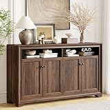 ONBRILL 60 Inches Sideboard Buffet Cabinet with Storage, 4 Doors Large Sideboard, Kitchen Cabinet with Open Shelf & Adjustable Shelf, Kitchen Coffee Bar Console Table for Living Room, Hallway, Brown