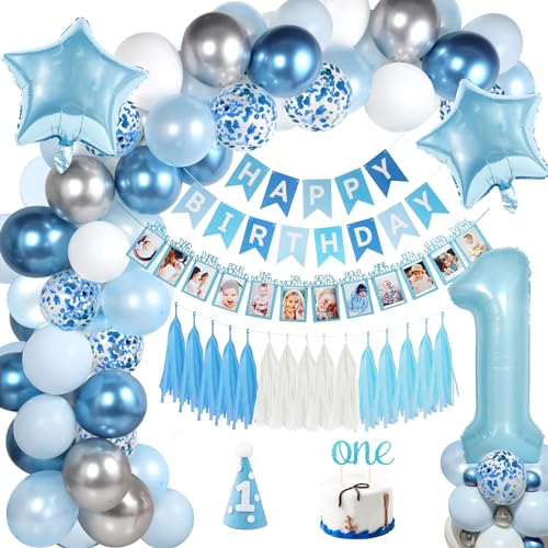 Blue 1st Birthday Decorations Boy, 86PCS Baby First Birthday Decorations for Boy One Year Old with Blue White Confetti Balloons, Happy Birthday Phpto Banner Hat Large 1 Star Foil Balloons Tassels
