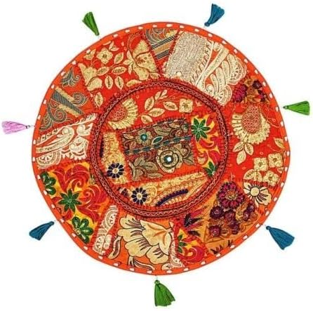 Craft Store Round Floor Pillow Embroidered Indian Handmade Ottoman Home Decor Cushion Cover Patchwork Bohemian Throw Khambadiya Décor Boho Cotton Fabric”18(Orange)