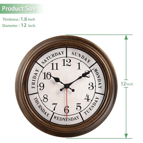 45MinST 12 Inches Retro Wall Clock,Day of The Week Wall Clock,Calendar Day Clock,Silent Non Ticking Battery Operated Movement(Bronze)