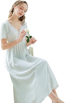 YAROVA Women's Nightgowns - Vintage Lace Nightdress Women Cotton Sexy V-Neck Long Night Dress Sleepwear Casual Sleepwear Summer Short Sleeve Home Wear