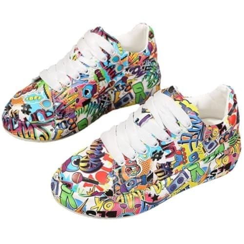 Breathable Soft Low Top Lace Up Graffiti Print Platform Sneakers for Women Non-Slip Casual Trendy Street Art Style Comfortable Sport Shoes for Gym Tennis Walking Daily Fashion Outfit (Purple,9)