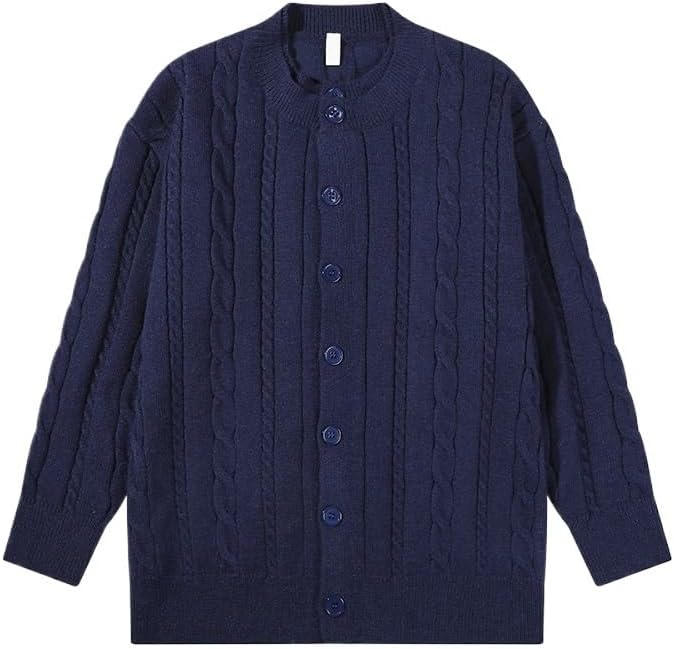 Mens Fake Two Piece Cable Crew Neck Knit Sweater Long Sleeve Warm Comfortable Loose Fit Cardigan