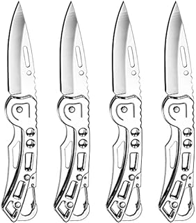 4 Pack Self-Defense Folding Knife With Key Ring Easy To Everyday Carry, Outdoor Survival Stainless Steel Pocket Knife (Silver)