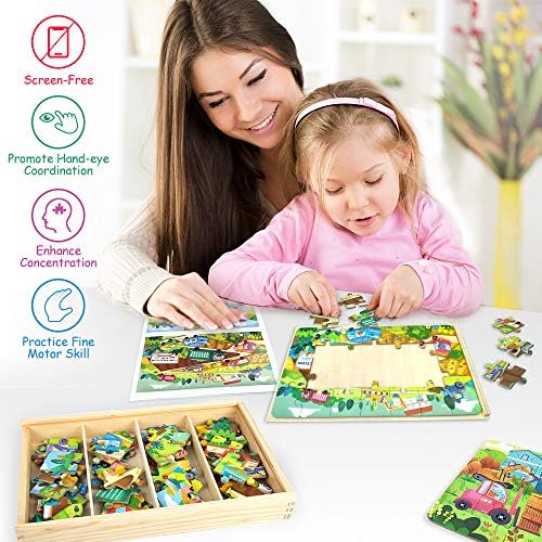 VATOS 4 Pack Two-Sided Wooden Jigsaw Puzzles for Toddler Kids Age 3 4 5 6 7 Preschool Educational Learning Toys with Wooden Storage Box 112PCS for Boys and Girls