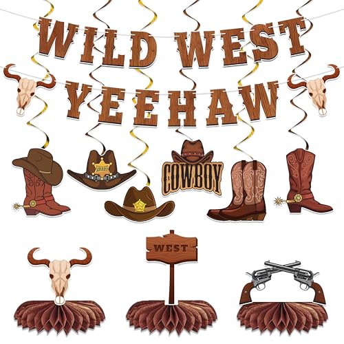 Western Party Decorations, Pre-Strung Wild West Yee Haw Banner, 6 Pcs Hat Boots Cowboy Hanging Swirls, 3 Pcs Redeo Honeycomb Centepieces for Cowgirl Boys Birthday Party Decorations Baby Shower