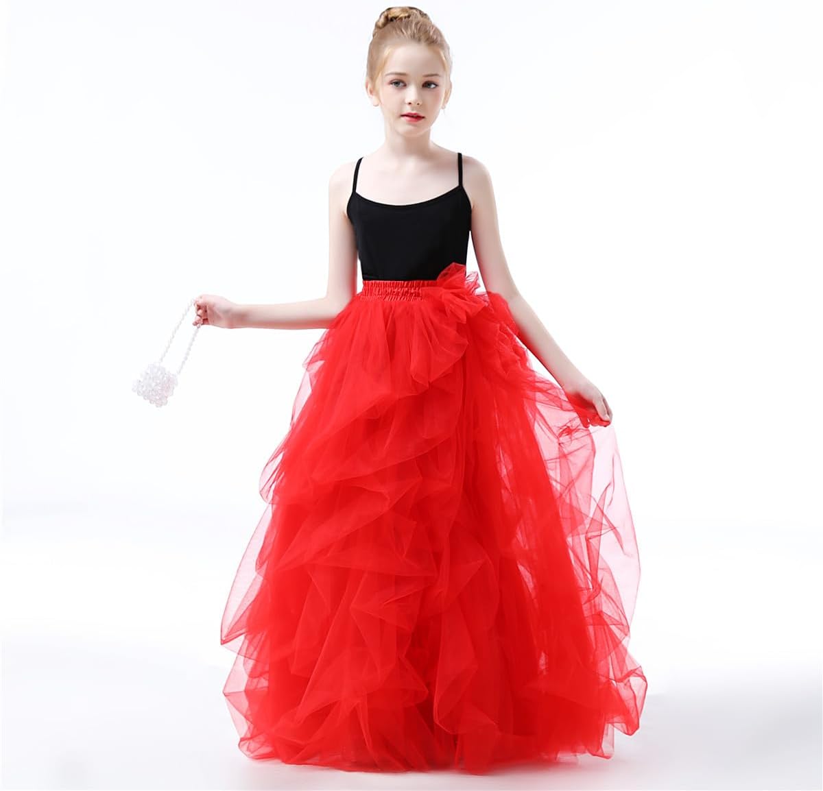 Qmker Girls Long Tutu Skirts Princess Slit Dress Candy Color Tulle Maxi Floor Length for Birthdany Party Handmade (6,Red)