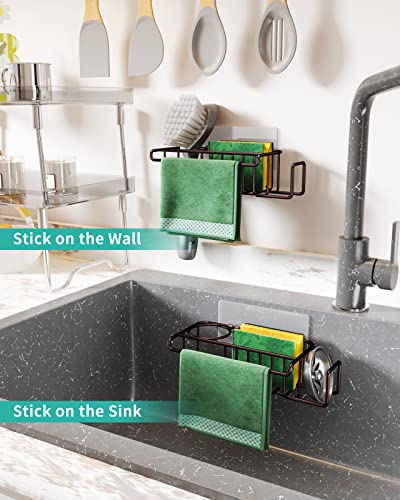 HapiRm 4 in 1 Adhesive Kitchen Sink Organizer, SUS304 Stainless Steel Brush Holder + Dish Cloth Hanger + Soap Rack + Sink Stopper Holder, No Drilling Sponge Caddy for Kitchen - Bronze - Thumbnail 4