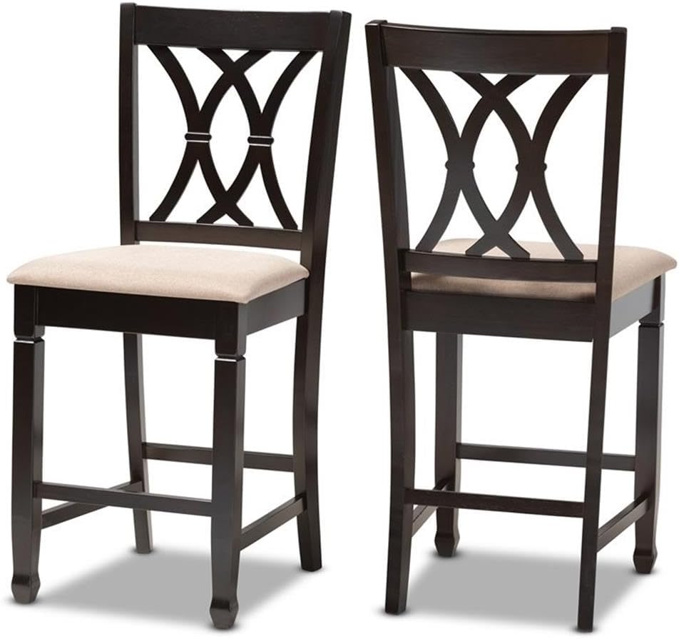 BOWERY HILL 25-Inch Upholstered Wood Bar Stools, Polyester Fabric Sand Seat, Espresso Brown Finish, Foam-Padded Counter Height Chairs, Cut-Out Back Design, Set of 2 for Kitchen or Pub Tables