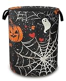 Halloween Laundry Basket Pumpkin Collapsible Hamper with Handles, Bat Spider Web Waterproof Oxford Storage Bin for Bathroom Bedroom Nursery Home Halloween Decor 16'x20'