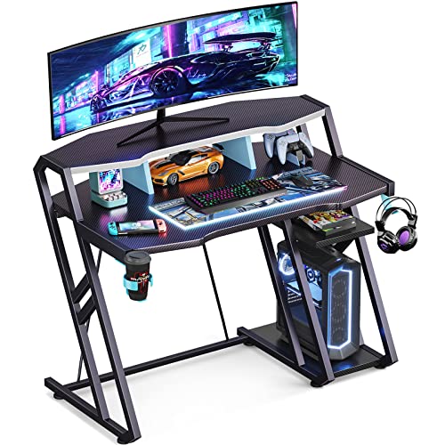 Motpk Gaming Desk With Storage Shelf 39 Inch, Computer Desk With Monitor Shelf, Gaming Table With Carbon Fiber Surface, Gamer Desk With Cup Holder & Headphone Hook, Gift For Boys Men, Black #TOP8