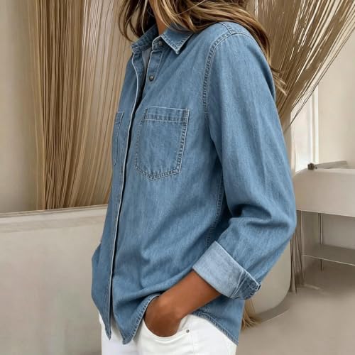 Denim Shirt Women Long Sleeve Loose Fit Button Down Collared Jean Blouse | Denim Tops For Women Relaxed Long Sleeve Blouse Fall Top With Pockets Work, Business Casual, Vacation, Beach, Resort - image 5