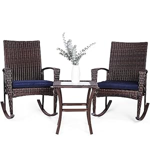 Niubya 3 Piece Wicker Rocking Chair Patio Furniture Sets Outdoor Wicker Bistro Rattan Chair Conversation Sets with Cushions and Coffee Table Navy and Brown