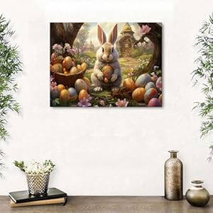 Vintage Easter Wall Art for Living Room Cartoon Bunny Painting Picture Fairy Tale Garden Landscape Farmhouse Religion Wall Decor Artwork for Kids Girls Bedroom Bathroom Kitchen Home Decorations 12×16