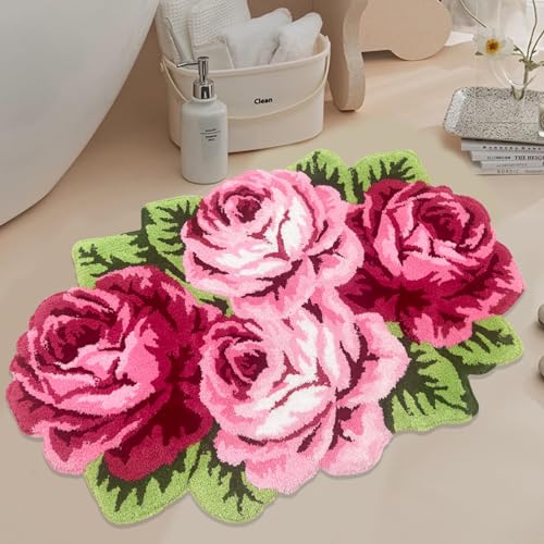USTIDE Pink Flower Rug, Non Slip Washable Bathroom Mat, Vintage Pink Bath Mat, Bath Rug Set, Area Rug with Rose for Living Room Bedroom Girls Room Kitchen (2FTx3.6FT)